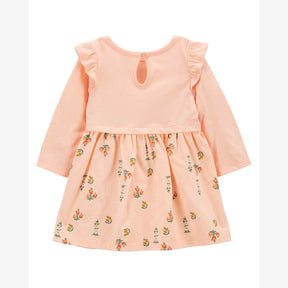 Vestido bebê evasê floral com babado manga longa rosa | Carter's